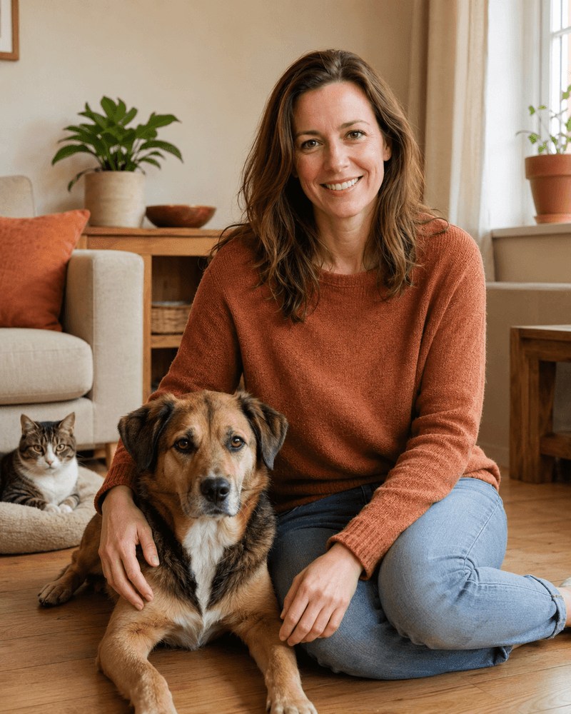 Sfeerbeeld: iemand op de vloer in een woonkamer naast een hond, met op de achtergrond een kat in een mand.